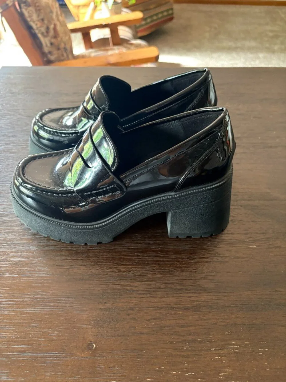 Soda Black Patent Chunky Heel Loafers